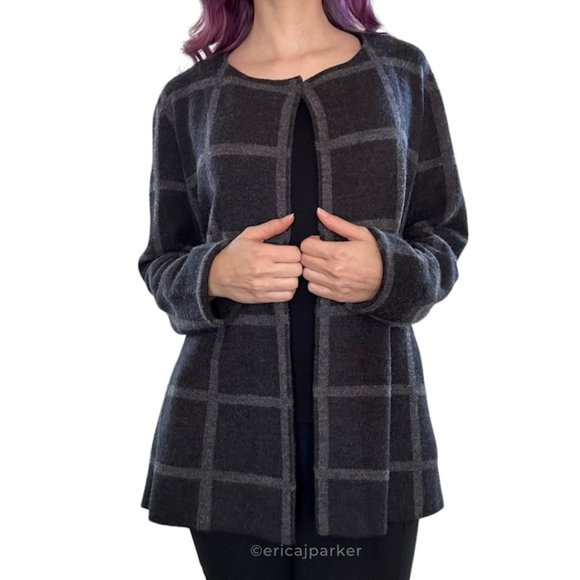 Eileen Fisher Felted Merino Wool Windowpane Check Cardigan Size Small - Picture 1 of 9
